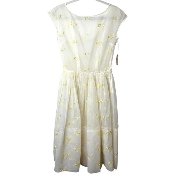 VINTAGE Sheer 50s Pale Lemon Yellow Floral Design Embroidered Sleeveless Dress - Picture 1 of 13